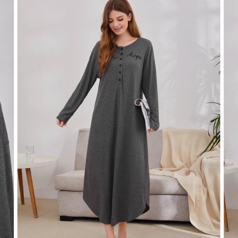 SHEIN Mulvari Letter Embroidery Drop Shoulder Single Breasted Night Dress NWOT